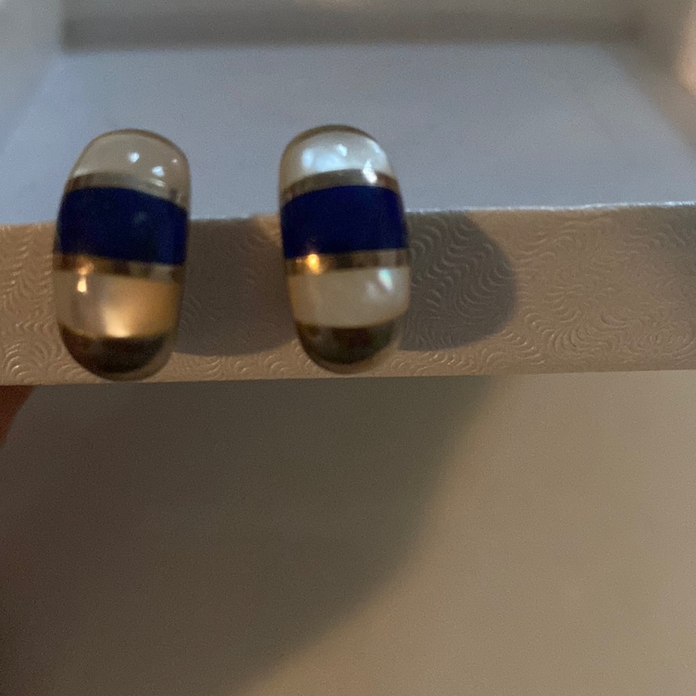 Vintage Silver Lapis and Mother of Pearl Earrings